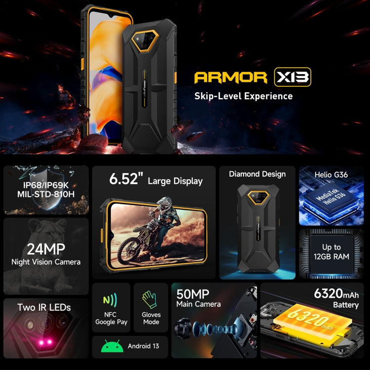 Ulefone Armor X13, IP68/IP69K Rugged Phone, 6.52 inch Android 13 MediaTek Helio G36 Octa Core, Network: 4G, NFC, OTG Ulefone Armor X13, IP68/IP69K Rugged Phone, 6.52 inch Android 13 MediaTek Helio G36 Octa Core, Network: 4G, NFC, OTG
